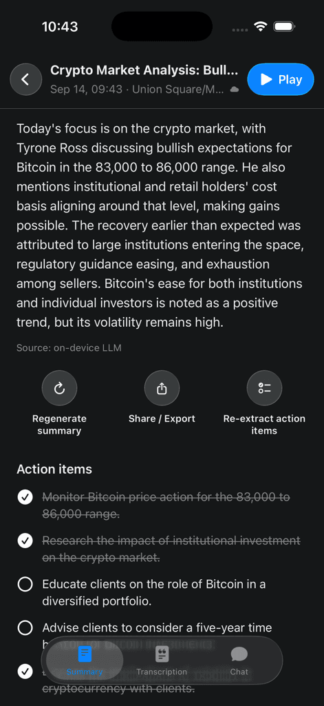 Transcript and summary, on-device